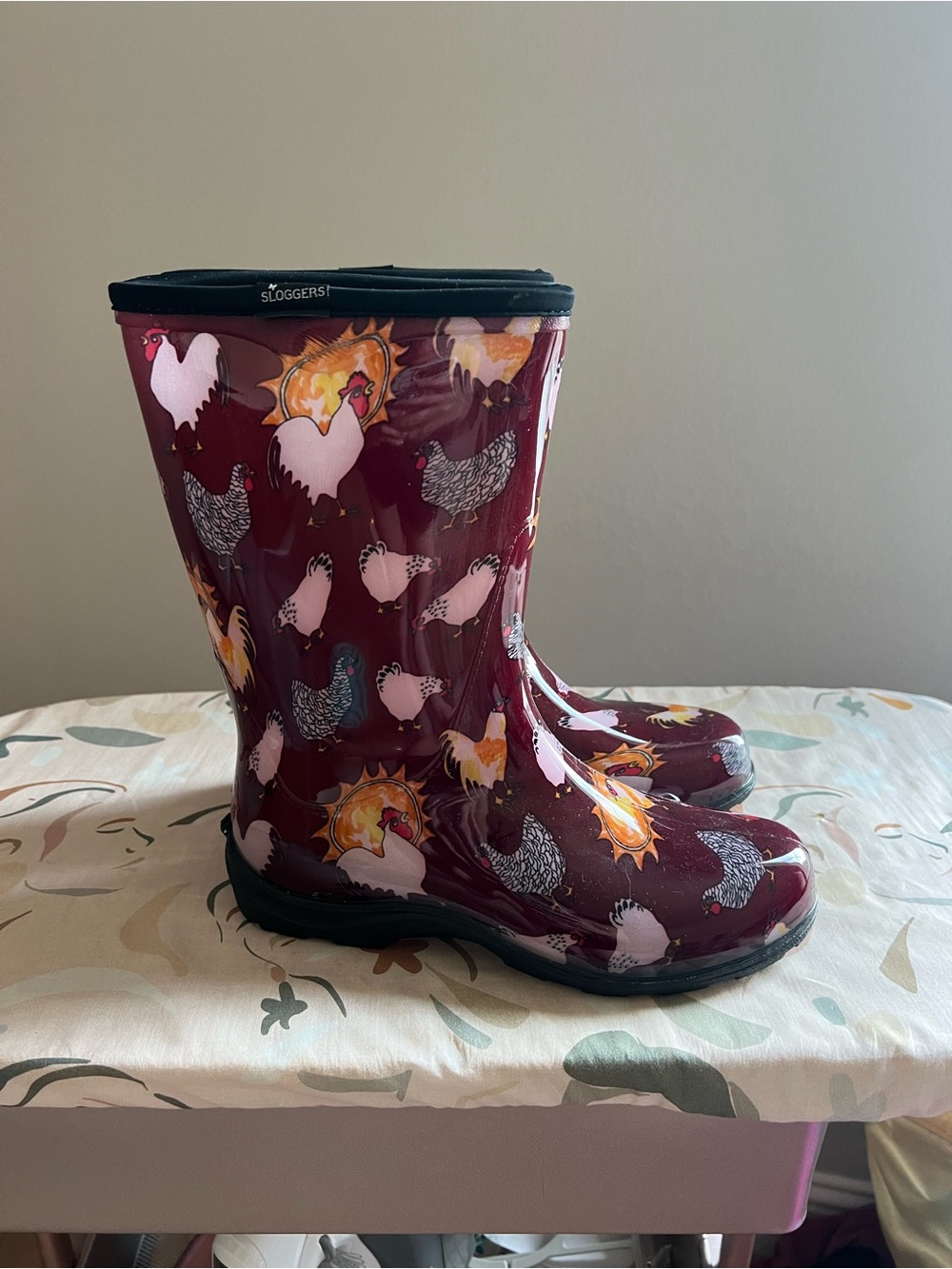 Sloggers Burgundy Rain Boots with Colorful Chicken Print